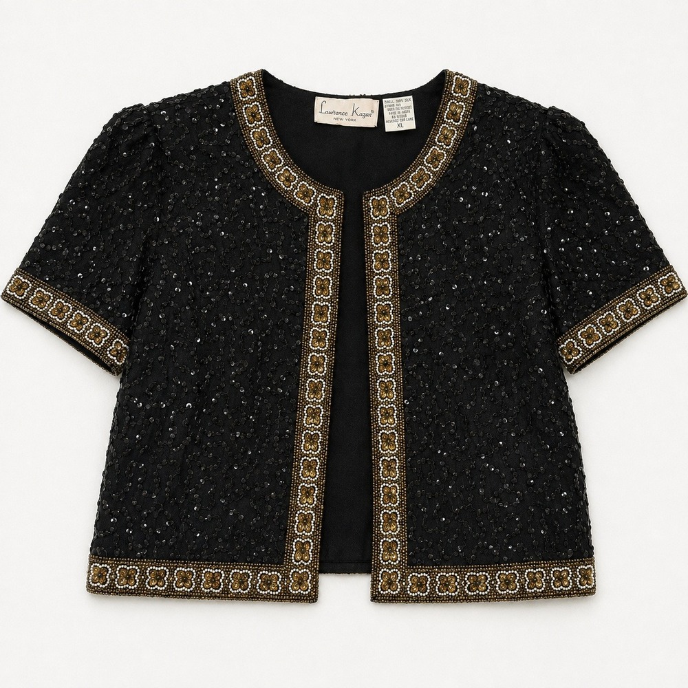 Vtg Silk beaded Laurence Kazar Sequin Bolero Jacket Black Gold XL Celestial